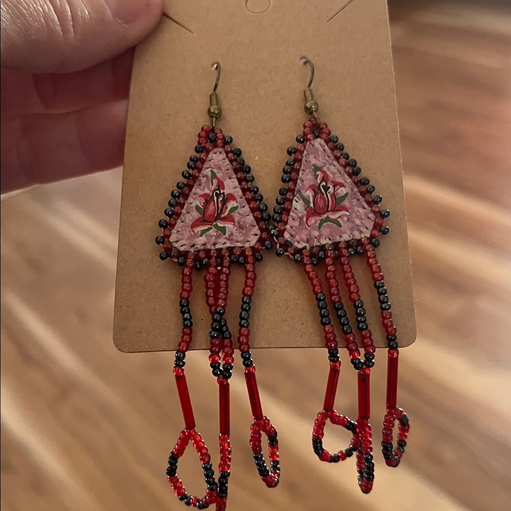 Leather Triangle With Seed Beads Flower Painted Earrings